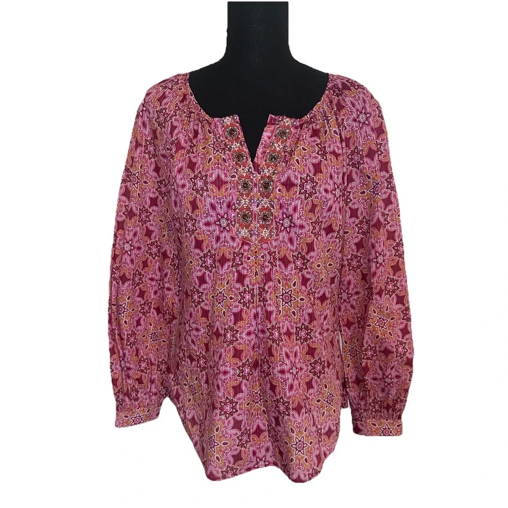 Robert Graham Women's SMALL Pink‎ Purple Beaded Embroidered Paisley Boho Blouse